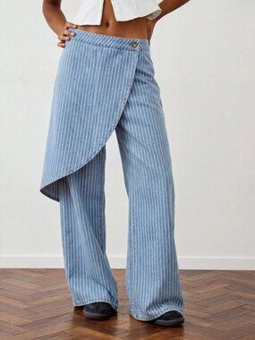 Blue Pinstripe Denim Asymmetric Apron Wrap Front Wide Leg Jeans